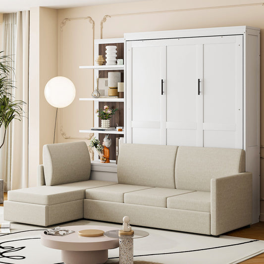 Queen Size Murphy Bed Wall Bed with Sofa and Shelves,White