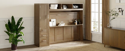 Full Size Murphy Bed with Wardrobe, Drawers and Open Shelves, Antique Wood