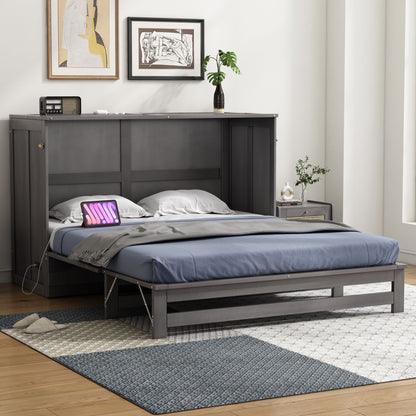 Queen Size Murphy Bed with Built-In Charging Station, Antique Grey