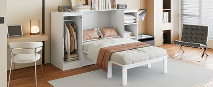 Twin Size Murphy Bed with Bedside Shelves and Wardrobe, White