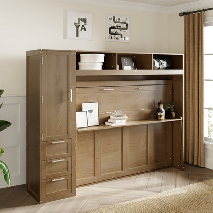 Full Size Murphy Bed with Wardrobe, Drawers and Open Shelves, Antique Wood