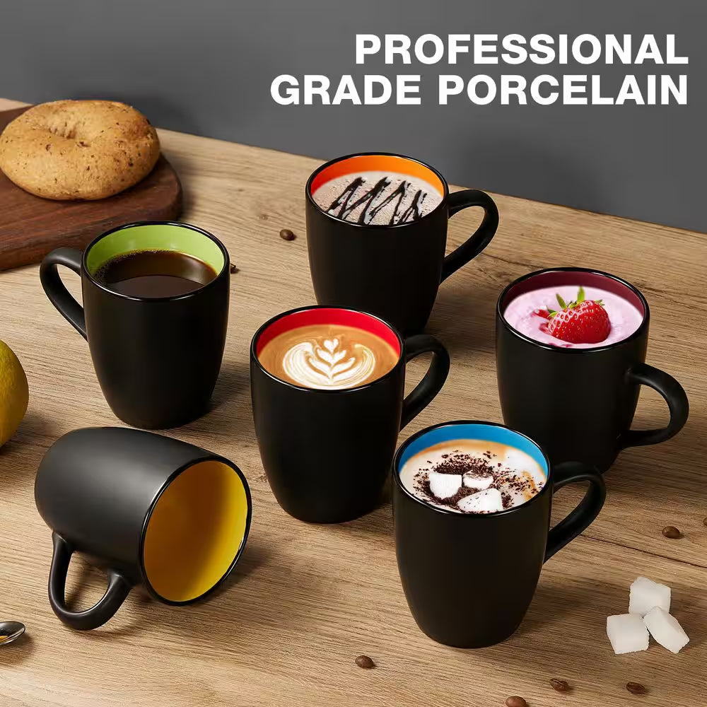 6 Pack Porcelain Coffee Mugs Set, 12 Oz. Ceramic Coffee Mugs, Matte Black Coffee Mug, Restaurant Cups for Coffee, Tea