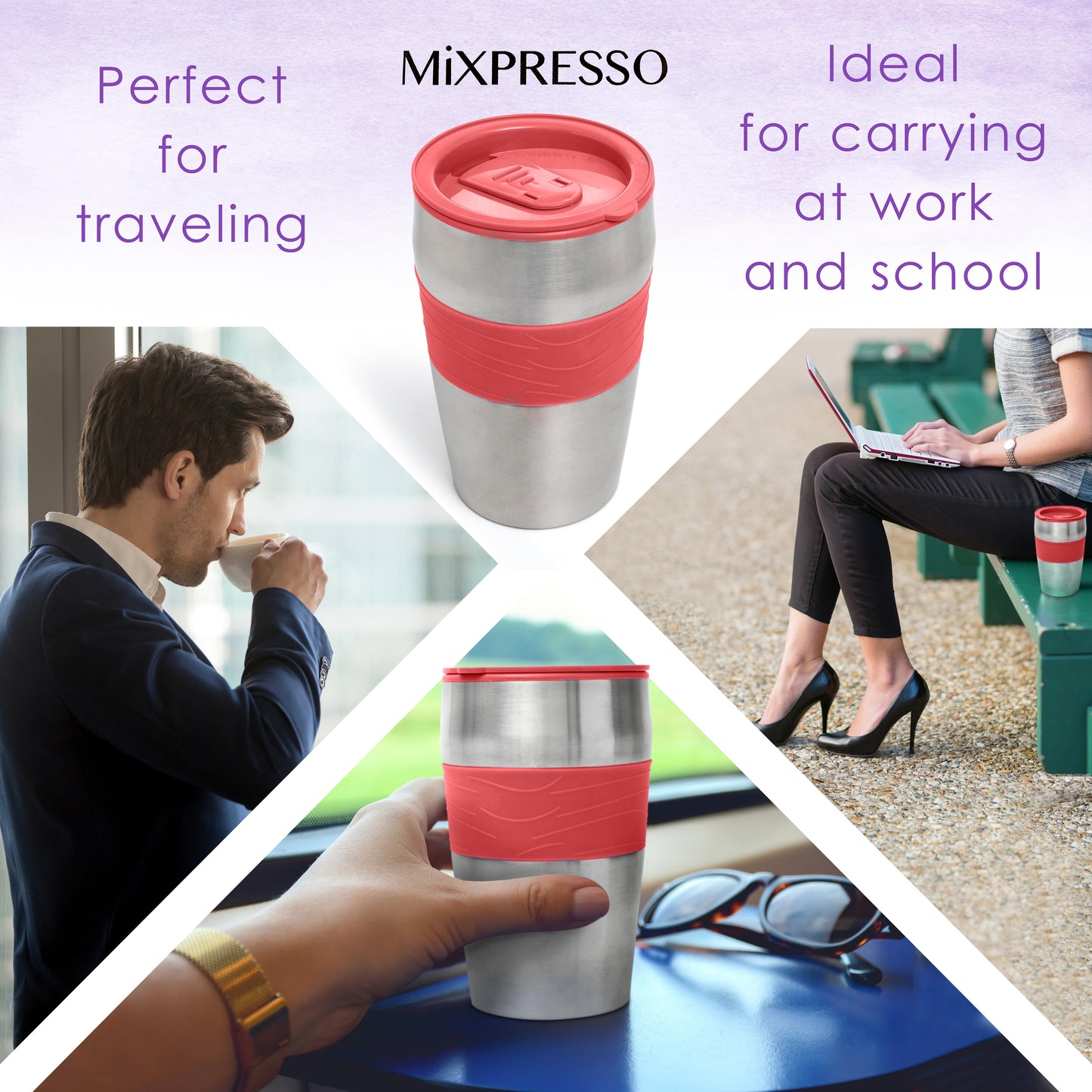 Personal Single-Serve Coffee Maker & 14Oz Travel Mug, Drip Small Coffee Maker & Tumbler, Auto Shut off & Reusable Filter, Red Coffee Maker Compatible with Coffee Grounds