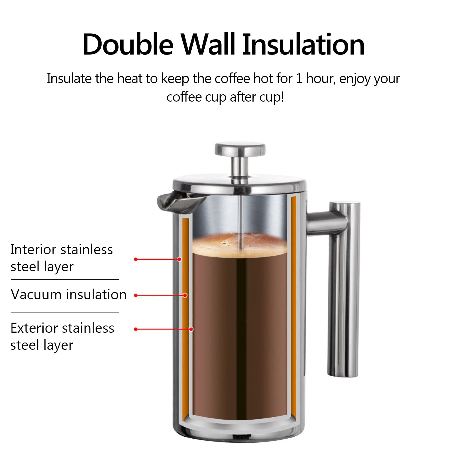 350Ml/800Ml/1000Ml French Press Coffee Maker Stainless Steel Double Walled Insulated Coffee Maker Pot Coffee Maker Coffee Pot