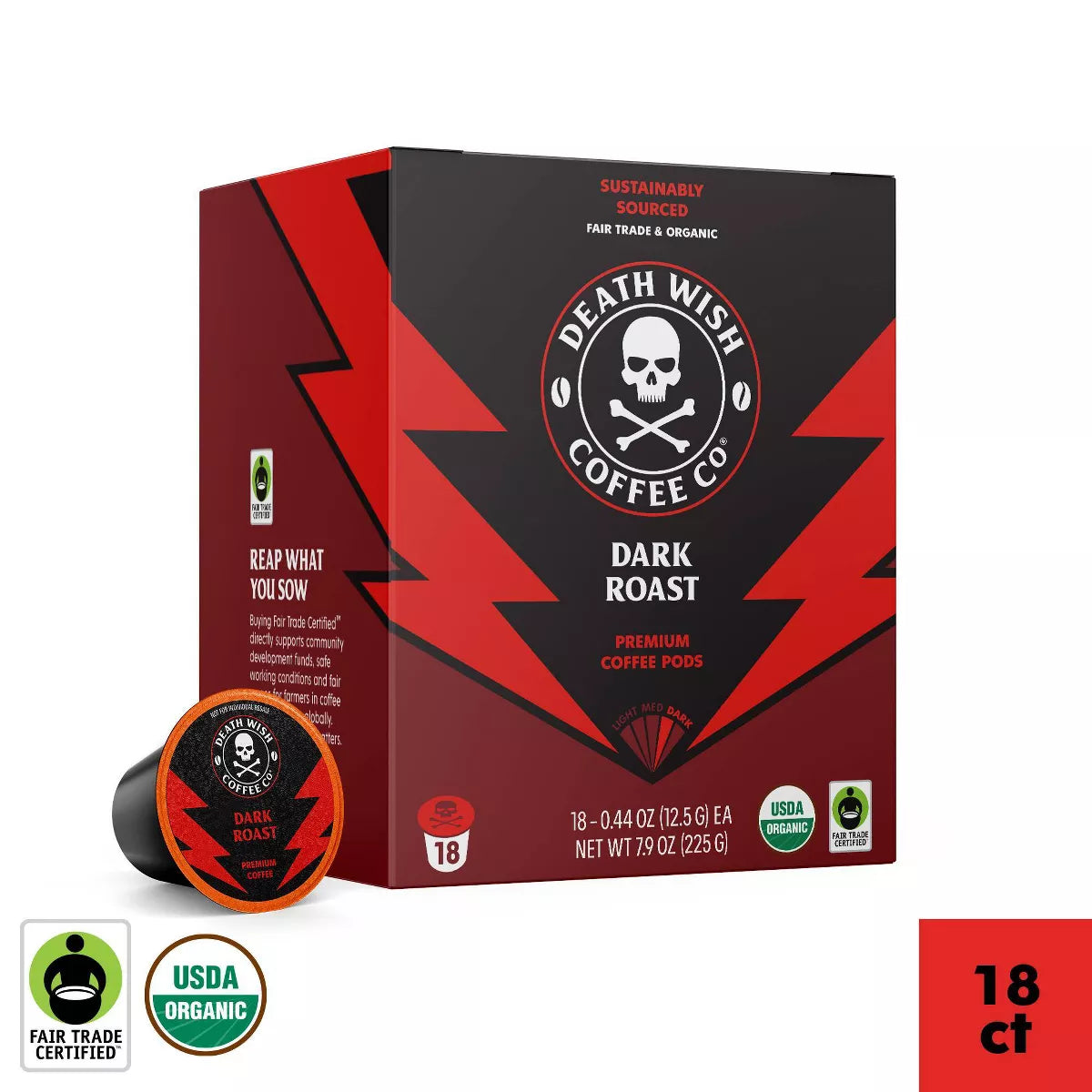 Death Wish Coffee Organic and Fair Trade Dark Roast Single-Serve Coffee Pods 18Ct/7.9Oz