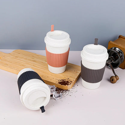 450ML Coffee Cups with Lids Wheat Straw Reusable Portable Coffee Cup Dishwasher Safe Coffee Mug Coffee Tea Travel Cups