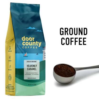 Door County Coffee Heavenly Caramel DECAF, Caramel Flavored Specialty Coffee, Caramel Flavored Coffee, Decaf, Medium Roast, Ground, 10Oz Bag